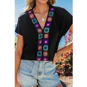 Cupshe‎ Women's Black Embroidered Dolman Sleeve Top Boho Style V-neck Shirt